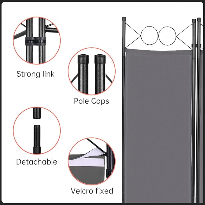 4 Panel Room Divider 6FT Steel Frame Screen Folding Privacy Divider Freestanding Partition for Home Office Bedroom (Grey)