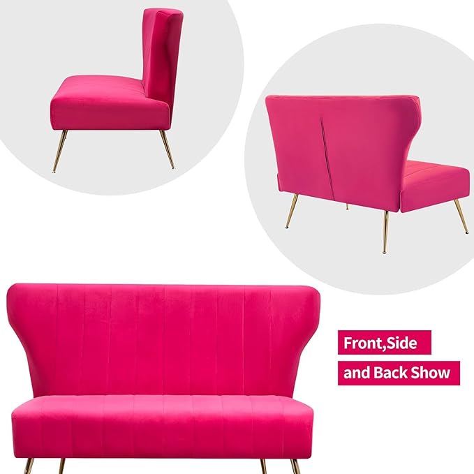50’’ Armless Loveseat Sofa, Comfy Upholstered Velet Small Couch Sofa with Gold Legs, 2 Seater Tufted Modern Couch for Living Room, Bedroom, Apartment Small Space (Fuchsia)