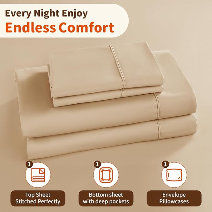 LBRO2M 1000 Thread Count 100% Egyptian Cotton Sheets Set Twin XL, 3 Piece Sets Bed Sheet Deep Pocket Sheet Set 16" Soft Comfortable All Season(Twin XL, Cream)
