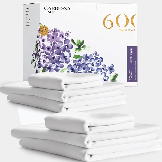 Carressa Linen 100% Egyptian Cotton Full Size Sheets - 600 Thread Count Full Size Egyptian Cotton Sheets (4 PC, Crisp White), Soft, Cooling, 16" Deep Pocket Sateen Weave Luxury Hotel Bed Sheet Set