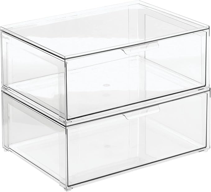 mDesign Plastic Stackable Bathroom Storage Organizer Bin Containers with Front Pull Drawer for Bathroom Countertop, Vanity, Closet Shelves - Holder for Accessories - Lumiere Collection, 2 Pack, Clear