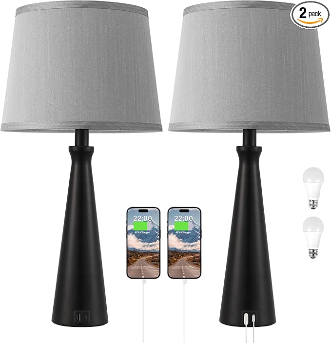 Seealle Modern Table Lamps Set of 2 - Touch Bedside Lamp for Nightstand with Dual USB C+A,3-Way Dimmable Black Nightstand Lamps for Living Room Bedroom End Table with Grey Shade(Bulb Included)