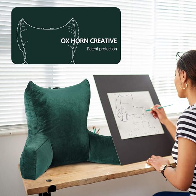 Neustern Reading Pillow for Sitting in Bed Adult, Back Pillow for Bed Shredded Memory Foam Chair Pillow with Arms and Pockets, Backrest and Support with Washable Cover for Watching TV/Gaming/Relaxing
