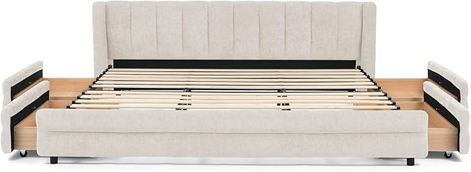 DEINPPA King Size Bed Frame with 4 Storage Drawers and Cloud Soft Headboard, Chenille Upholstered Grounded Wood Base Bed Frame, No Box Spring Needed-Beige