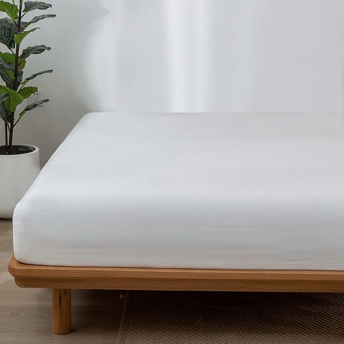 MooMee Fitted Bottom Sheet Only 100% Washed Cotton Linen Like Textured Breathable Durable Soft Comfy Deep Pocket Fits Mattress up to 17" (Off White, Queen)