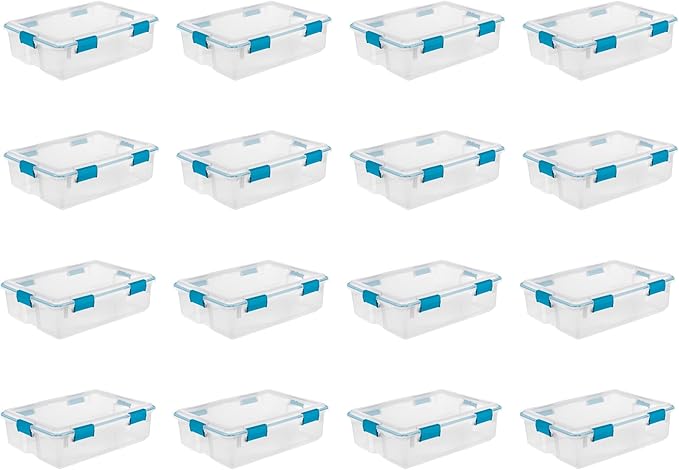 Sterilite 16-Pack Gasket Box, Weather-Resistant Storage Bins with Latching Lids, 37 Quart - Heavy-Duty Organizing Containers for Closet, Bathroom, and Office