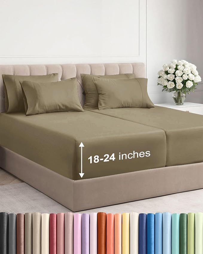 Extra Deep Split King Sheet Set - 7 Piece Breathable & Cooling Sheets - Hotel Luxury Bed Sheets Set - Easy & Secure Fit - Soft, Wrinkle Free & Comfy Sheets Set - Khaki Sheet Set w/Extra Deep Pockets