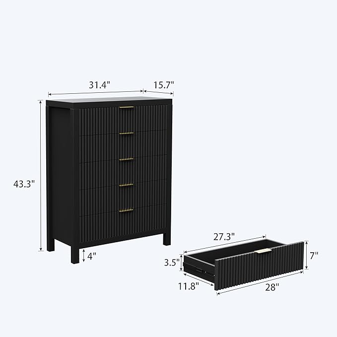 43" 5 Drawer Dresser Tall Dresser Organizer TV Drawer Cabinet Modern Wood Storage Cabinet, Modern Wood Storage Cabinet for Bedroom, Hallway, Entryway, Black