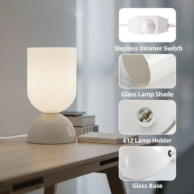 8.9" Modern Glass Table Lamp for Living Room, Dimmable Desk Lamps for Bedroom, UL Listed Nightstand Lamp with Dome Base, End Table Lamps for Home, Side Tables, College Dorm, Office, Glossy White