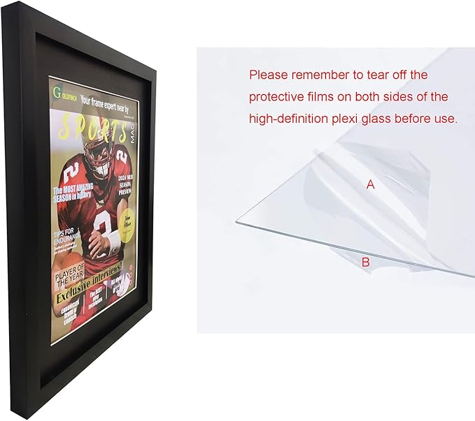 Goldfinch 4 Packs Sports Magazine Frame Displays Magazines Measuring 8.5 x 11.25 or 8.25 x 11 inches with Double Black Core Matting, Deep Frame Moulding, with Installed Hangers