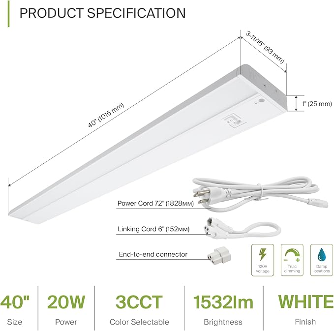 ASD 40 Inch LED Under Cabinet Lighting Plug in or Hardwired, High/Low/Off Switch, 20W 120V 3 CCT 2700K/3000K/4000K CRI90+, Triac Dimmable Linkable Under Counter Lights for Kitchen, ETL Listed, White