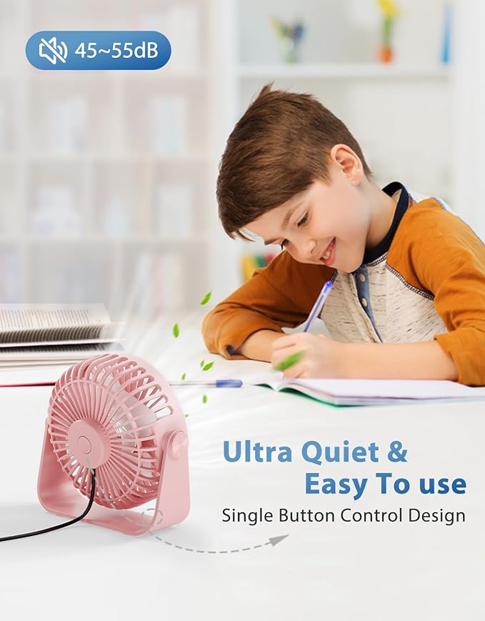 TriPole USB Desk Fan Portable Mini Fan Powerful 3 Speeds Wind Personal Desktop Fan with 360° Head Rotation for Home Office Car Indoor Outdoor Pink, No Battery, 4.5 Inches