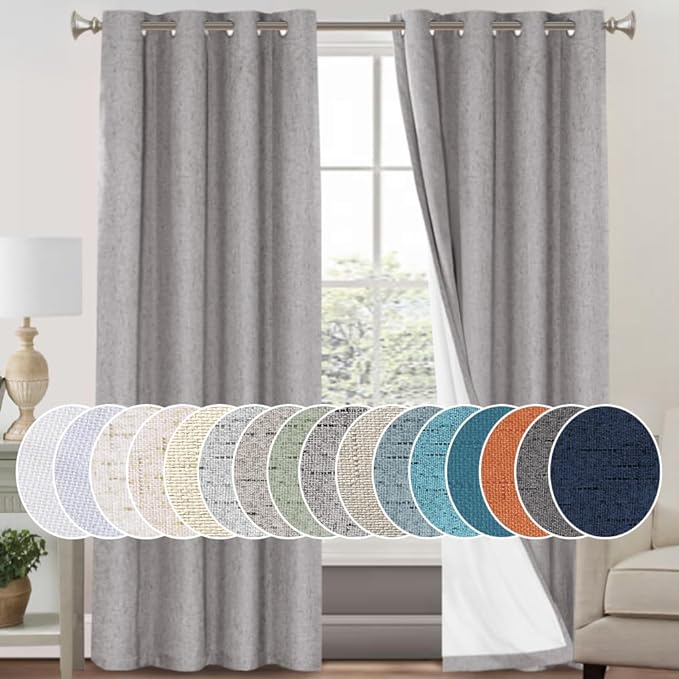 Linen Textured 100% Blackout Curtains for Bedroom/Living Room Energy Saving Window Treatment Curtain Drapes, Burlap Fabric with White Thermal Insulated Liner (2 Panels, 52 x 96 Inch, Light Grey)