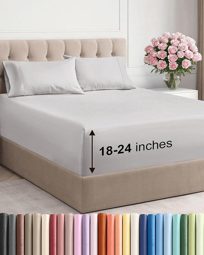 Extra Deep Twin XL Sheet Set - 4 Piece Breathable and Cooling Sheets - Hotel Luxury Bed Sheets Set - Easy Fit - Soft, Wrinkle Free and Comfy Sheets Set - French Grey Sheet Set with Extra Deep Pockets