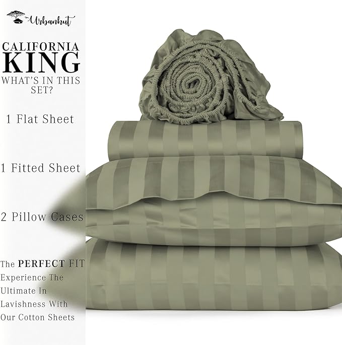 URBANHUT 800 Thread Count 100% Cotton Damask King Size Sheets, 4 Piece Striped King Size Bedsheets, Luxury Hotel Sheets Sateen Weave - Better Than Egyptian, 16" Elasticized Deep Pocket- Sage