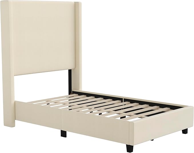 EMMA + OLIVER Nora Twin Size Faux Linen Upholstered Platform Bed with Plush Padded Wingback Headboard (No Box Spring Needed), Modern Upholstered Headboard Twin Bed Frame, Beige