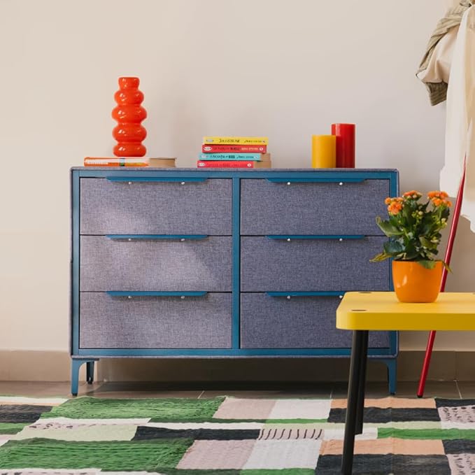 Naima Premium Fabric Dresser - Strong Metal Frame, 6 Spacious Sag-Proof Drawers with Sleek Metal Handles - Premium & Durable Storage Solution for Your Home (Navy)