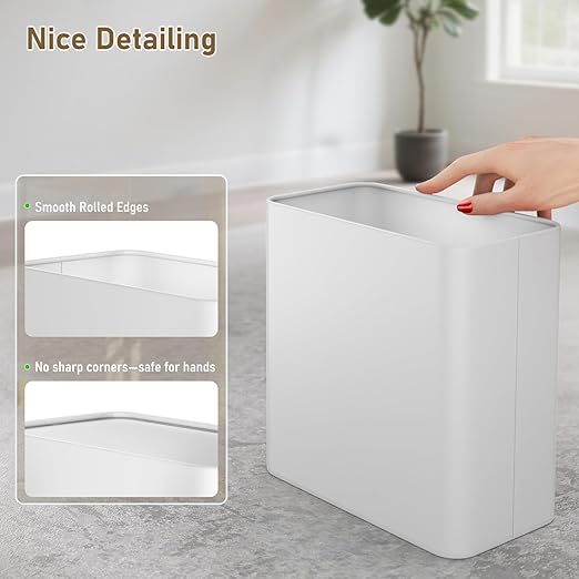 Veelesa Small Bathroom Trash Can 2.4 Gallon Wastebasket Slim Metal Garbage Can Stainless Steel Trash Bin for Bedroom,Office,Kitchen,Toilet, rv, Near Desk, Under Sink (White)