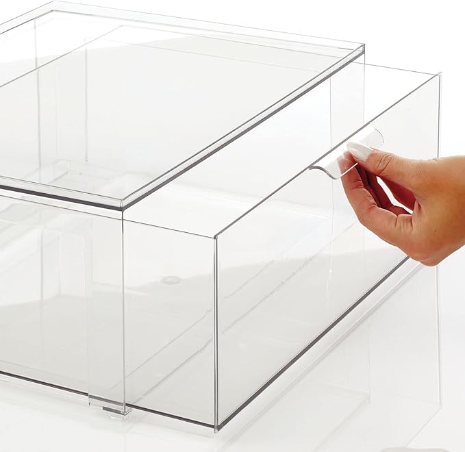 mDesign Plastic Stackable Bathroom Storage Organizer Bin Containers with Front Pull Drawer for Bathroom Countertop, Vanity, Closet Shelves - Holder for Accessories, Lumiere Collection, Set of 3, Clear
