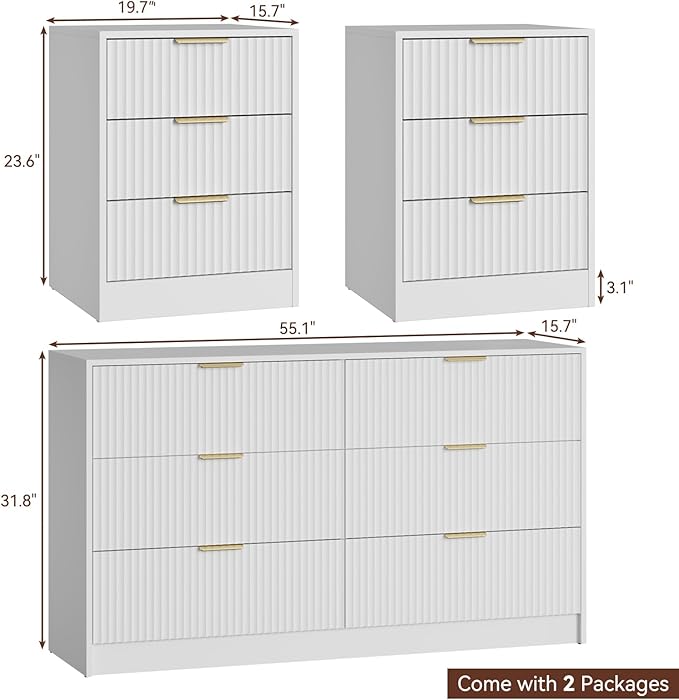 55" Long Dresser and Nightstand Set 3-Piece, 6 Drawer Dressers & Night Stand Set of 2 with Metal Handle, Fluted Modern Wood Chest of Drawers Storage Dressers Set for Bedroom, White