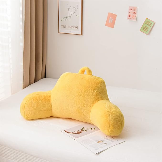 Holawakaka Reading Pillow for Sitting up in Bed Sofa Kids Teens, Backrest Pillow with Arms for Boys Girls Women Petites Pregnancy, Back Support Cushion for Couch Floor Nursery Playroom(Yellow)