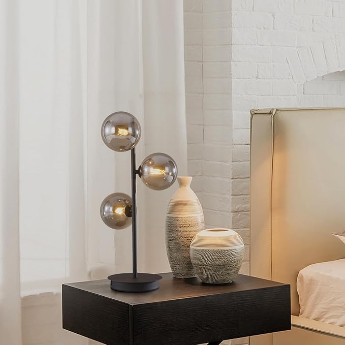 Mid Century Modern Table Lamp Smoky Grey Glass Globe Desk Lamp Industrial Vintage Bedside Table Light Contemporary Minimalist Metal Nightstand Reading Lamp Retro Table Lamp MTL03-SG