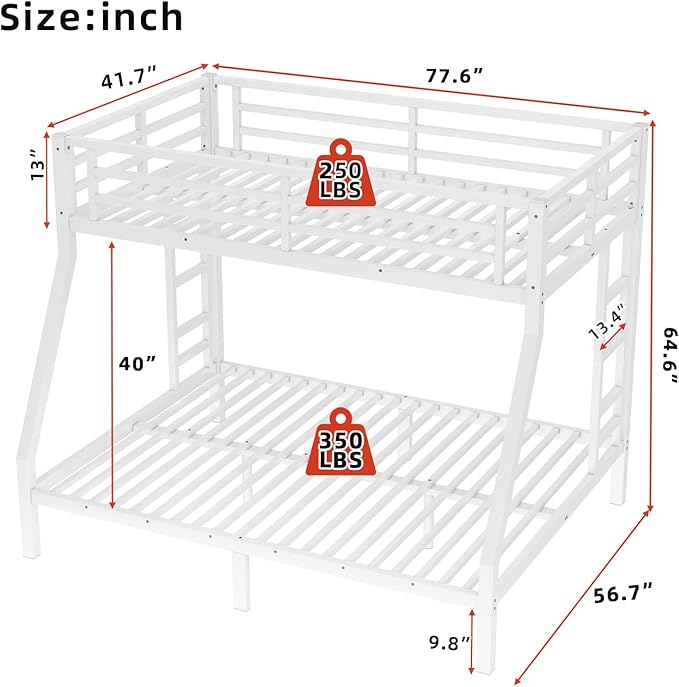 Twin Over Full Bunk Bed Frame, Heavy Duty Metal Loft Bed for Adults/Teens, 250/350LB Capacity w/Ladder & Guardrail, Noise-Free Steel Slats, No Box Spring Required, White