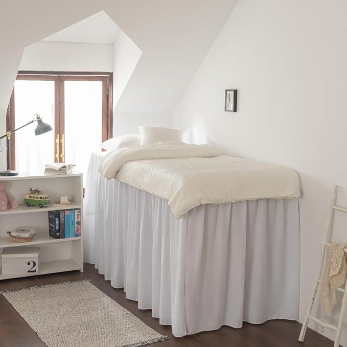 Dorm Room Bed Skirt, College Extra Long Dorm Bed Skirt with Split Corners, 100% Microfiber-White, Twin-XL/46 Drop