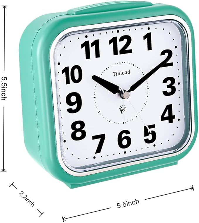 5.5" Large No Ticking Analog Alarm Clock,Silent Readable for Seniors,Easy to Set,Gradual Rise Alarm,Big Numbers,Gentle Wake,Snooze, Lighted on Demand,Battery Operated,Green