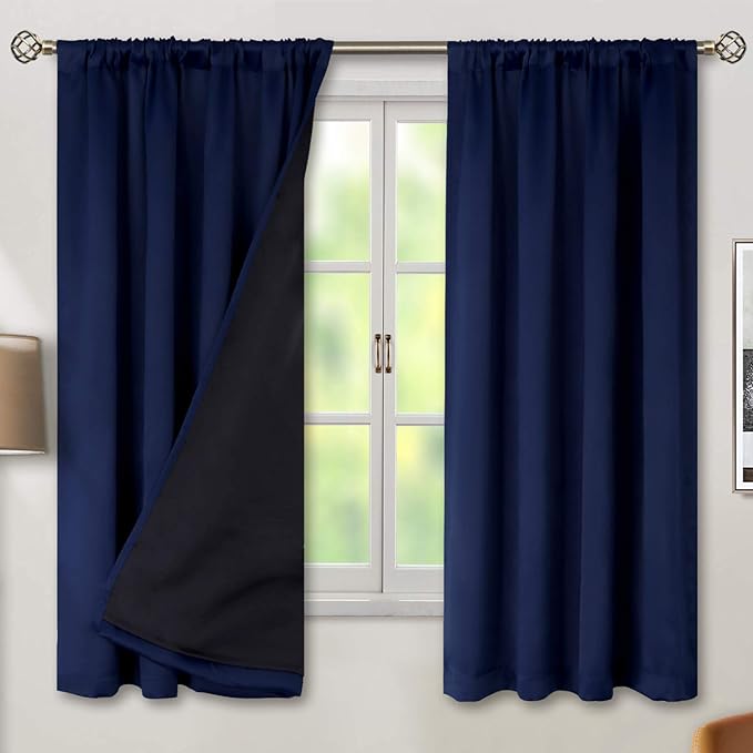 BGment Navy Blue Black-Out 63 Inch Length Curtains for Bedroom Windows with Black Liner, Double Layer Thermal Curtains Room Darkening Curtains with Rod Pocket (52 x 63 Inch, Navy Blue, 2 Panels)
