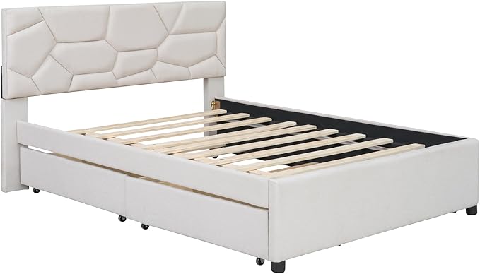 Full Size Bed Frame with Twin Size Trundle and 2 Storage Drawers,Linen Upholstered Platform Bed Frame Full with Brick Pattern Headboard,Solid Wood Slat Support,No Box Spring Needed,Beige