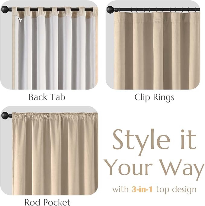 Lazzzy Cream Velvet Curtains 108 Inches Long Blackout Thermal Insulated Room Darkening Lined Curtain Drapes Back Tab Window Treatments for Bedroom Living Room 2 Panels,52 x 108 Inch, Latte