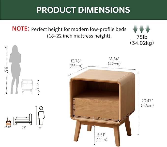 100% Solid Oak Wood Nightstand, Natural Wood Nightstand with Drawer Open Shelf, Mid Century Modern Night Stand, Small Side End Tables, Oak Bedside Table for Bedroom(16.54" Wx13.78 Dx20.47 H)