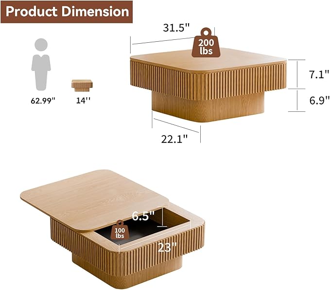 LKTART Coffee Table for Living Room, Accent Fluted Square Coffee Table with Hidden Storage, Modern Solid Wood Veneered Circle Center Tea Table for Small Space Apartment (31.5''D×14''H-Natural)