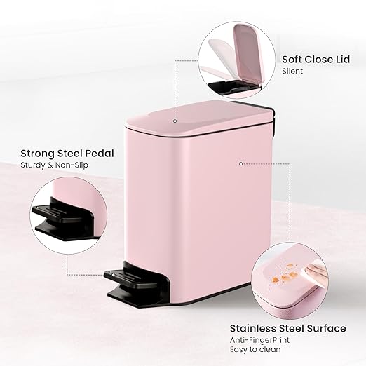 Cesun Small Bathroom Trash Can with Lid Soft Close, Step Pedal, 6 Liter / 1.6 Gallon Stainless Steel Garbage Can with Removable Inner Bucket, Anti-Fingerprint Finish (Pink)