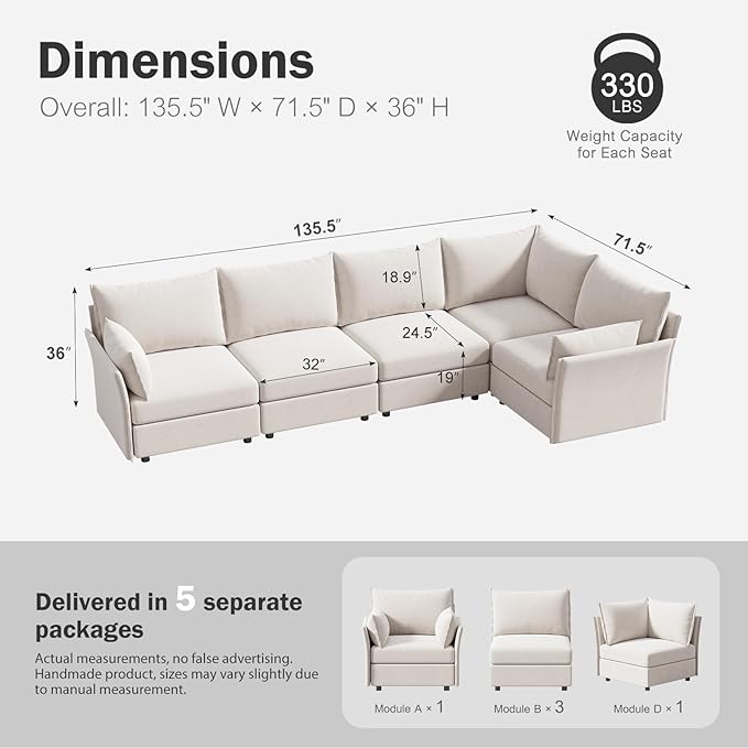 ABCASA 135.5" Oversized Modular Sectional Sofa, L Shaped Convertible Couch with Movable Ottoman, 5 Seat Corner Couches for Living Room Deep Seat White Chenille