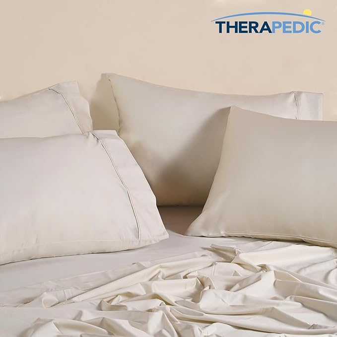 Therapedic 1000TC Split King 7-Piece Sheet Set - 100% Organic Rayon Derived from Bamboo Blend with Cooling Fiber, Ideal for Hot Sleepers - 16" Deep Pocket Fitted Sheet, Bonus Pillowcases - Ivory