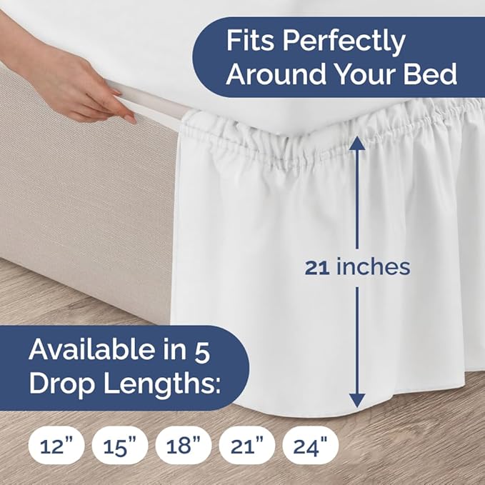 Wrap Around Dust Ruffle Bed Skirt - White - Twin/Twin XL Size Beds with 21 Inch Drop - Easy Fit Elastic Strap - Adjustable Pleated Bedskirt w/Brushed Fabric - Wrinkle Free - Women, Men, Kids & Teens