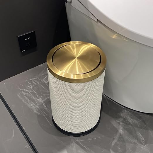 2.4 Gallon Bathroom Trash Can with Lid, Pu Leather Modern Garbage Can, Round Decorative Waste Basket, for Near Desk, Powder, Bedroom, Hotel, Office, Home (9L-Checked White)