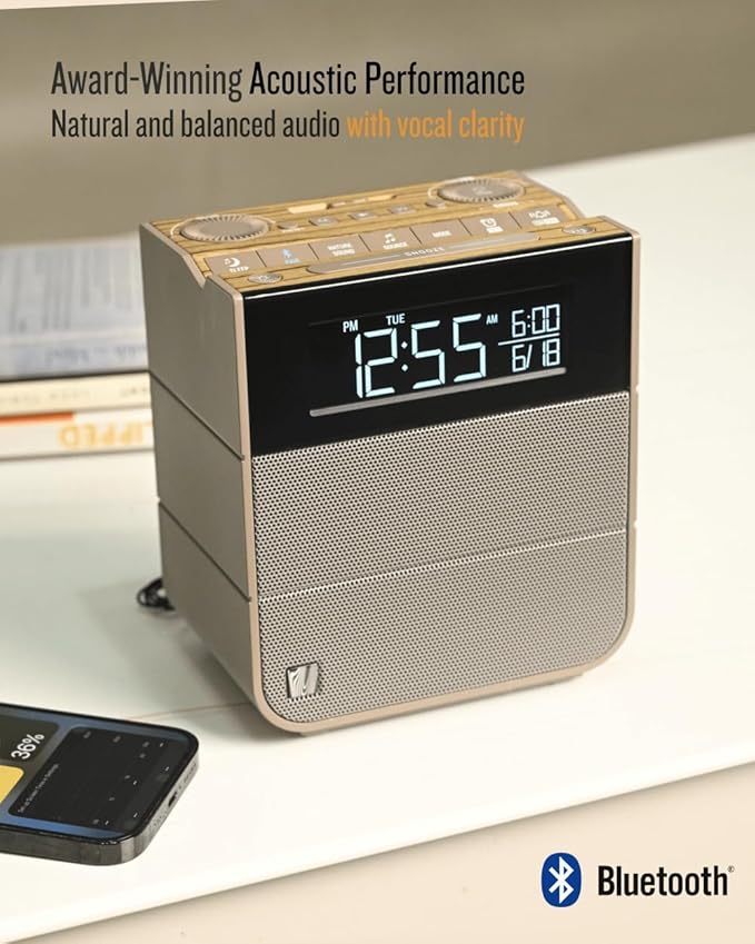 Soundfreaq Sound Rise II, SFQ-16: Bedside Alarm Clock Radio & Bluetooth Speaker, with Large Display Screen, FM Radio, Fast USB Charging, and Nature Sound (Wood Taupe)