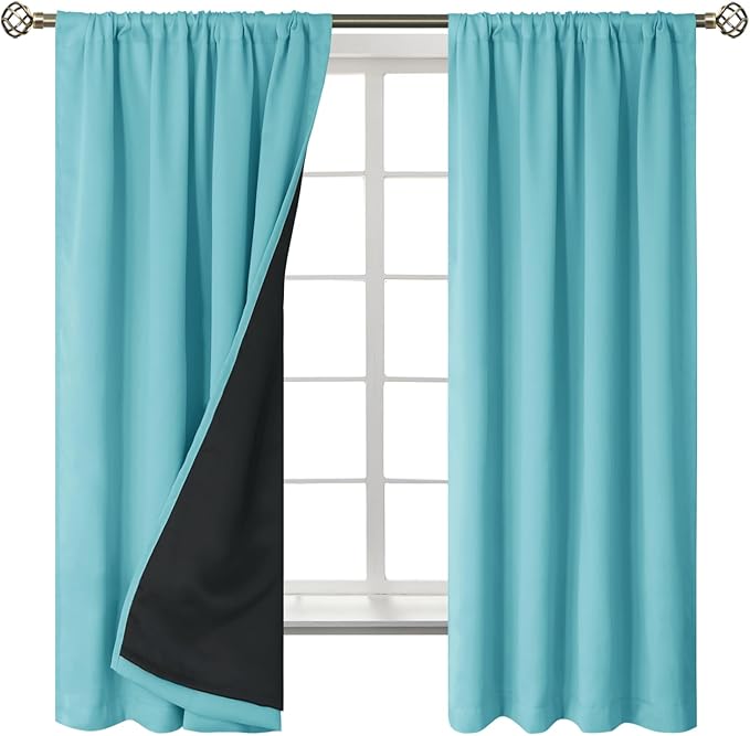 BGment 100% Blackout Curtains for Bedroom 63 Inch Length, Full Room Darkening Curtains for Living Room Rod Pocket with Thermal Insulated Liner, Each Window Curtains 2 Panels, 42 x 63 Inch, Aqua