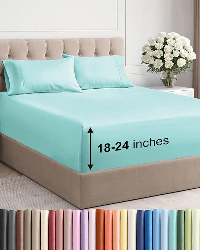 Extra Deep Twin XL Sheet Set - 4 Piece Breathable & Cooling Sheets - Hotel Luxury Bed Sheets Set - Easy & Secure Fit - Soft, Wrinkle Free & Comfy Sheets Set - Spa Blue Sheet Set w/Extra Deep Pockets