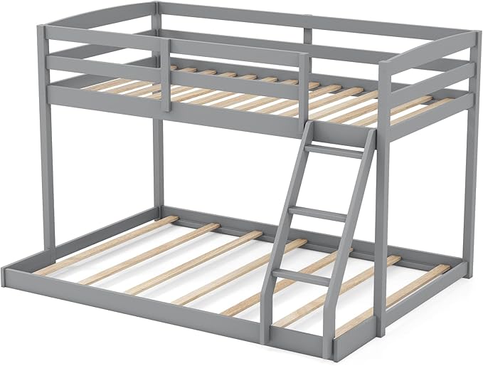 KOMFOTT Low Bunk Bed Twin Over Full, Solid Wood Twin Bed Frame with Built-in Ladder & Safety Guardrails, Space-Saving Low Bunk Bed for Kids, Teens, No Box Spring Needed