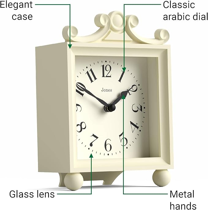JONES CLOCKS® Parlour Mantel Clock | Classic Carriage Clock | Cream | Elegant Square Decorative case, Perfect for Mantel, Shelf, Table or Bedside