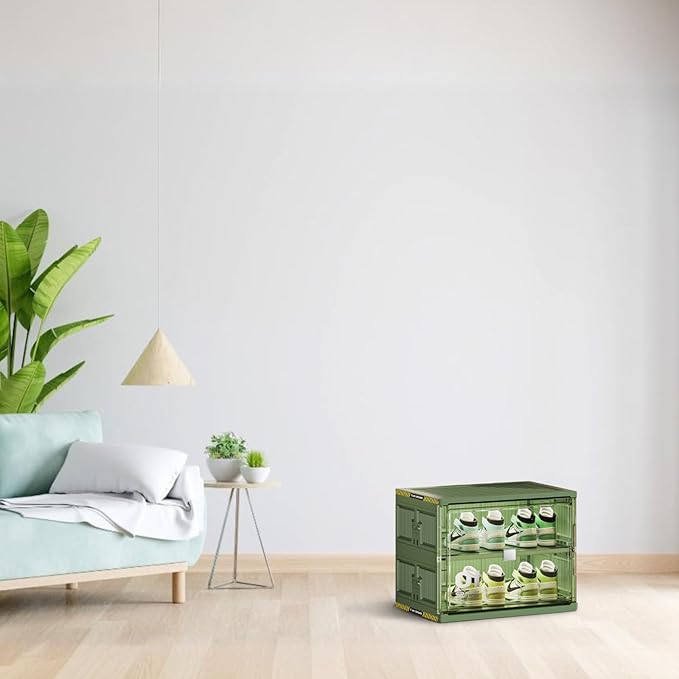 Portable Shoe Storage Cabinent of 3-Step Fast Installation,Green Foldable Shoe Organizer Box with Magnetic Clear Door for Entryway, Enclosed Shoe Rack for Sneaker, Heels etc.. (Green, 1Row 2Tier)