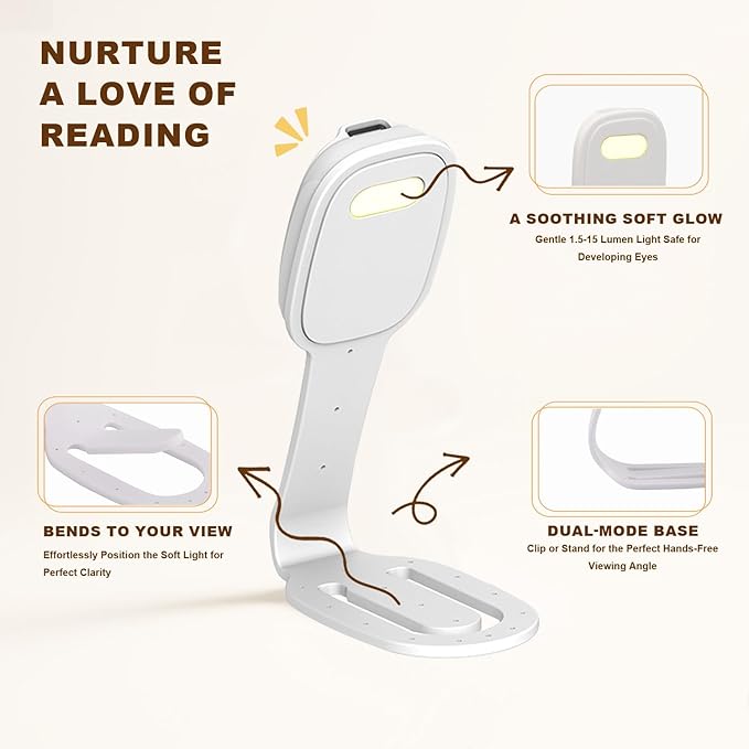 Rechargeable Book Light for Kids at Night – Portable Clip-On LED Light with Dimmable Brightness Ideal for Kids & Adults, Bedtime & Travel–Eye-Caring, Flexible, Gift for Book Lovers,White