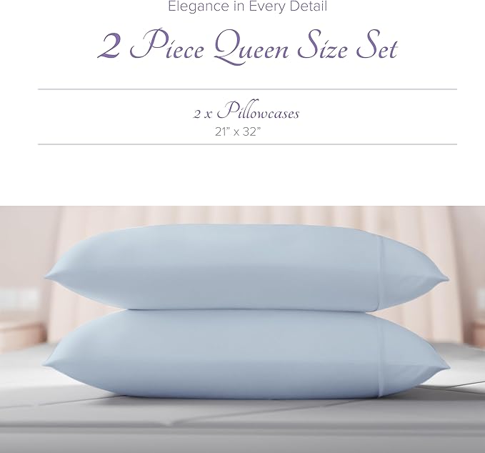 Carressa Linen 100% Egyptian Cotton Pillow Cases Queen Size Set of 2 - Luxury 600 Thread Count Light Blue Standard/Queen Size Pillowcases, Silky Soft, Cooling Sateen Weave Hotel Quality Pillow Cover