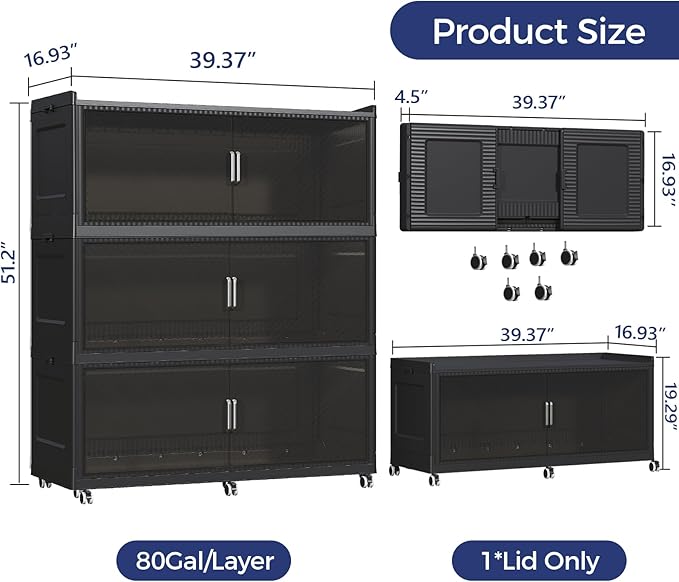 240GAL Extra Large Storage Bins with Lid, 960QT Collapsible Organizer with Wheels, Stackable Closet Cabinet with Doors, Folding Storage Containers for Home, Office, Kitchen, 3Pack Black