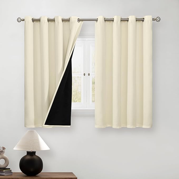 BGment Short 100% Blackout Curtains for Bedroom, Thermal Insulated Energy Efficiency Noise Reducing Grommet Curtains 54 Inch Length with Liner for Small Window 2 Panels Each 52 Inch Wide, Cream