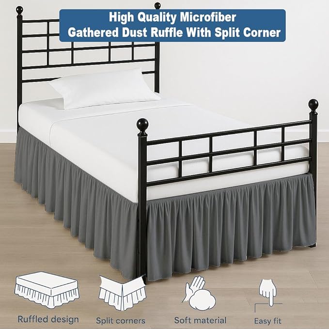 Ruffled Bed Skirt Split Corners with Platform, Tailored Fit Hotel Quality Wrinkle Free Ultra-Soft Microfiber Dust Ruffle, Upto 18 Inch Drop, Twin, Dark Grey